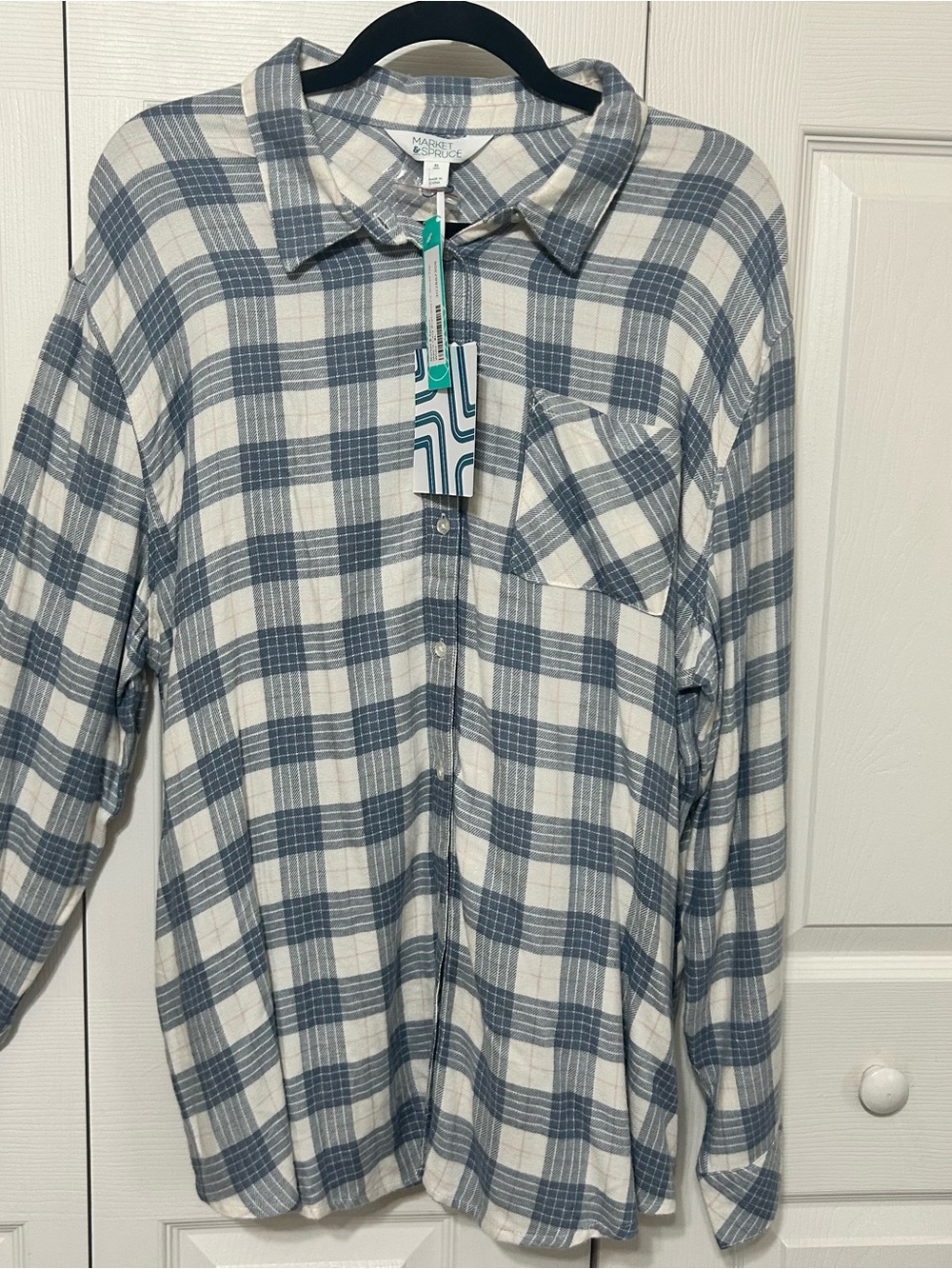 NWT Market & Spruce Women’s Blue and White Plaid Button-Up Flannel! XL stitch f